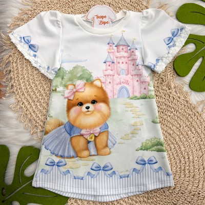 Vestido Doguinha com Castelo - Off White e Azul Bebê